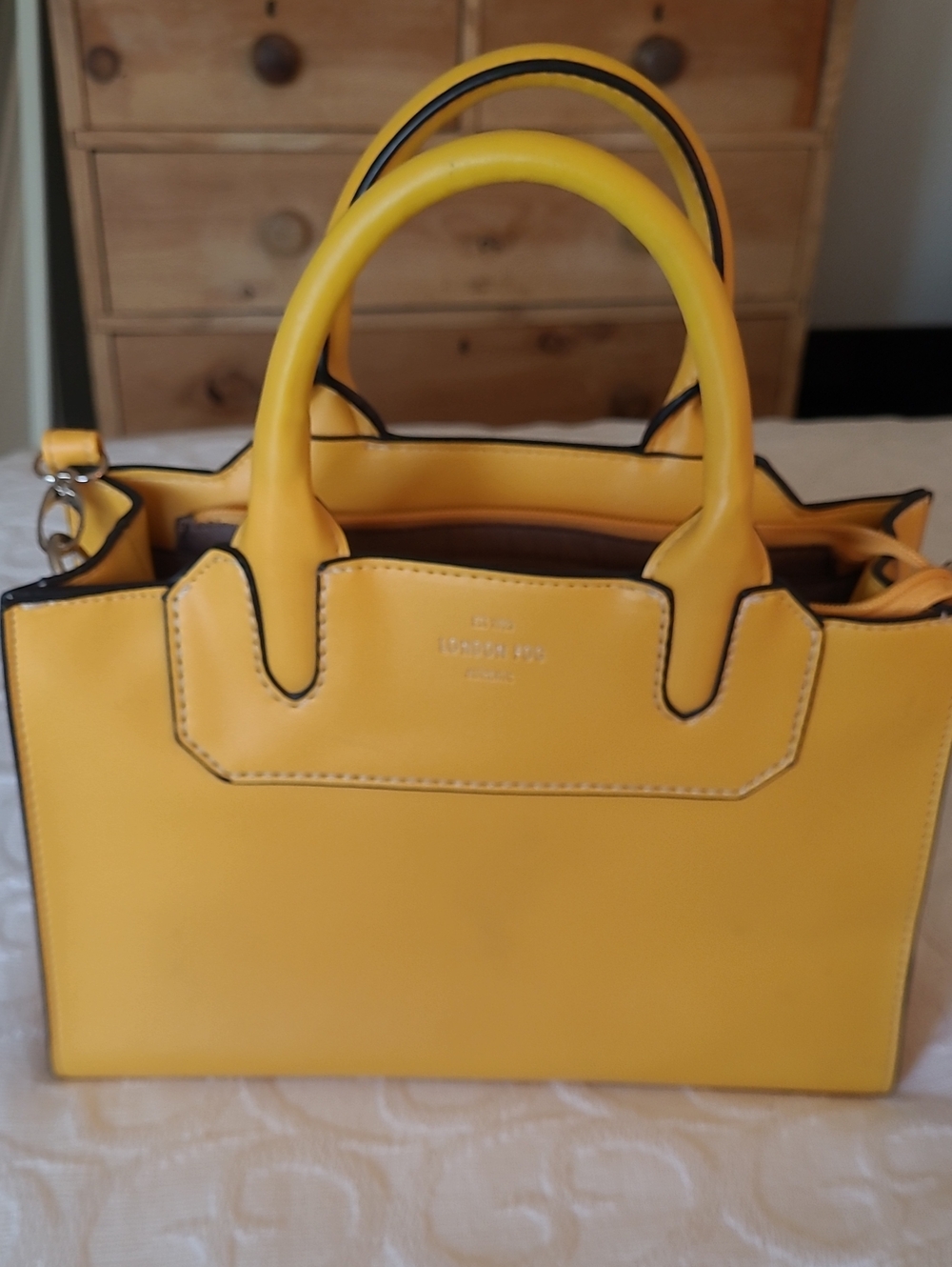 London Fog Bright Yellow Structured Satchel with Top Handles and Crossbody Strap